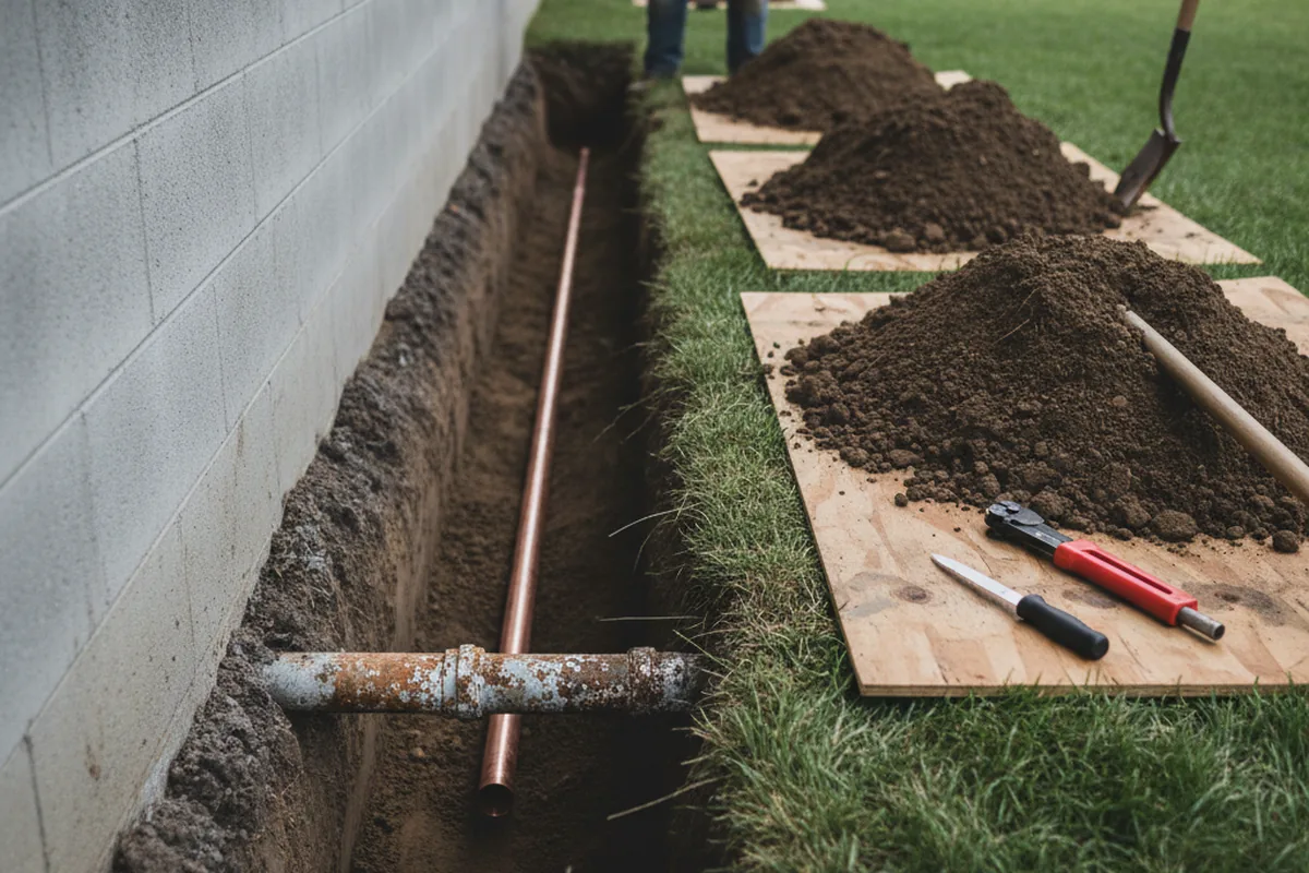 Excavated water line trench during Water Heater Repair in Marksville